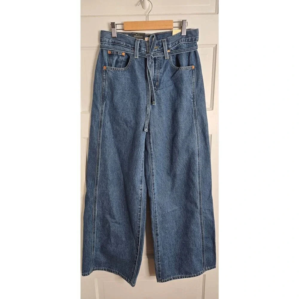 Levi's Anthropologie XL Straight Wide Leg Jeans Womens 24 Blue NWT High Rise Tie - Picture 2 of 5